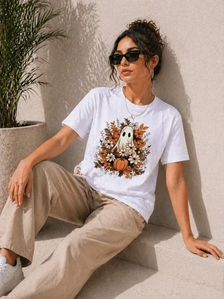 Kadın Balkabağı Hayalet Baskılı Tişört Kısa Kol Yazlık T-shirt - Beyaz ürün görseli 1
