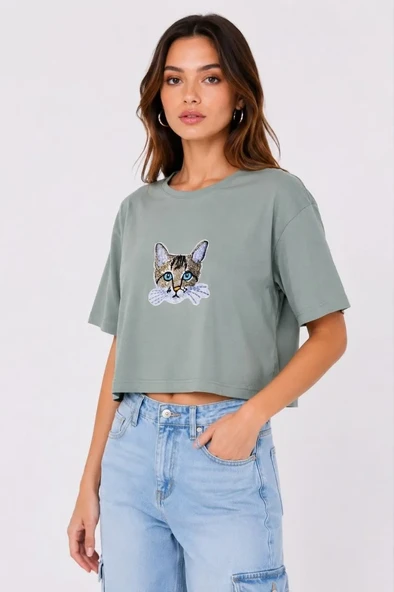 Kadın Kedi Baskılı Oversize Crop Tişört Salaş Basic Yarım Kol T-shirt - Mint Yeşili ürün görseli 1