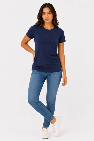 Kadın Basic Tişört Bisiklet Yaka Kısa Kol Günlük Yazlık Slim Fit T-shirt - Lacivert ürün görseli 1