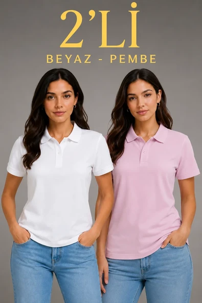 2'li Kadın Polo Yaka Pike Kumaş Düğmeli Basic Tişört Günlük Rahat Kesim - Beyaz, Pembe ürün görseli 1