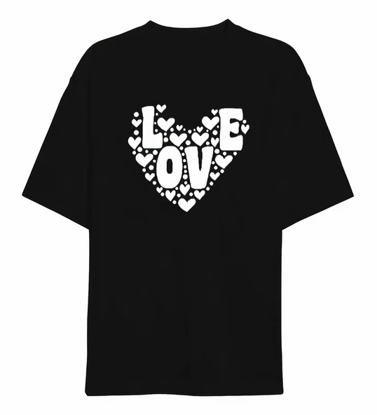 14 Şubat Sevgililer Günü Love Kalp Baskılı Oversize Bisiklet Yaka T-shirt - Siyah ürün görseli 1