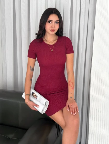 Kadın Bisiklet Yaka Kısa Kol Likralı Elbise - Bordo ürün görseli 1