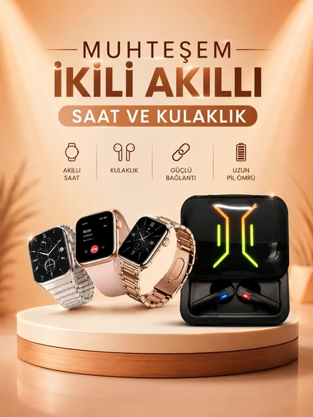 Wireless Şarjlı Akıllı Saat ve Dijital Göstergeli Kablosuz Bluetooth Kulaklık Nabız Ölçer ürün görseli 1