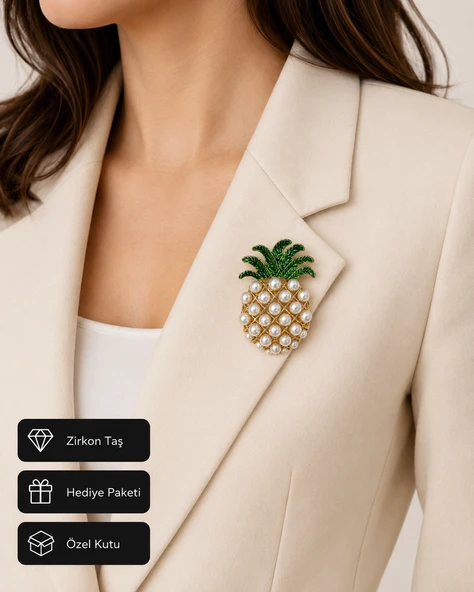 İnci Detaylı Ananas Tasarım Kadın Broşu – Altın Renk Zarafet Broşu ürün görseli 1