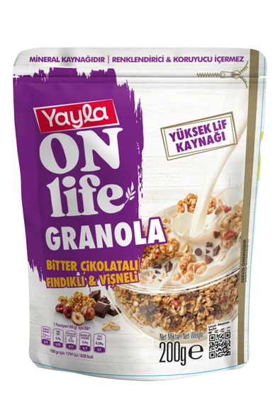 YAYLA ON LİFE GRANOLA BİTTER ÇİKOLATALI FINDIKLI&VİŞNELİ 200 GR ürün görseli 1