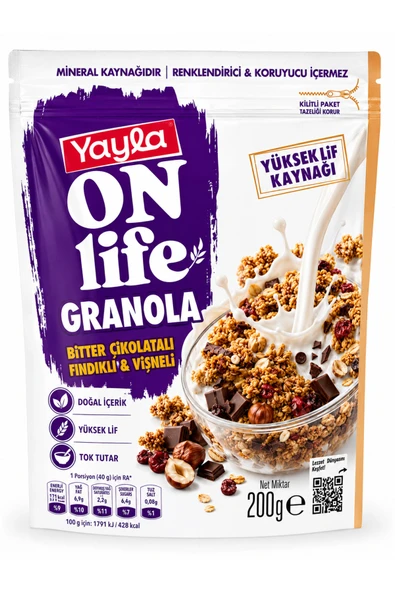 Yayla On Life Granola Bitter Çikolatalı Fındıklı & Vişneli 200 Gr – Yüksek Lif Kaynağı ürün görseli 1