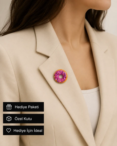 Pembe Şeker Glazürlü Donut Broş – Renkli Taşlı Eğlenceli Kadın Yaka İğnesi ürün görseli 1