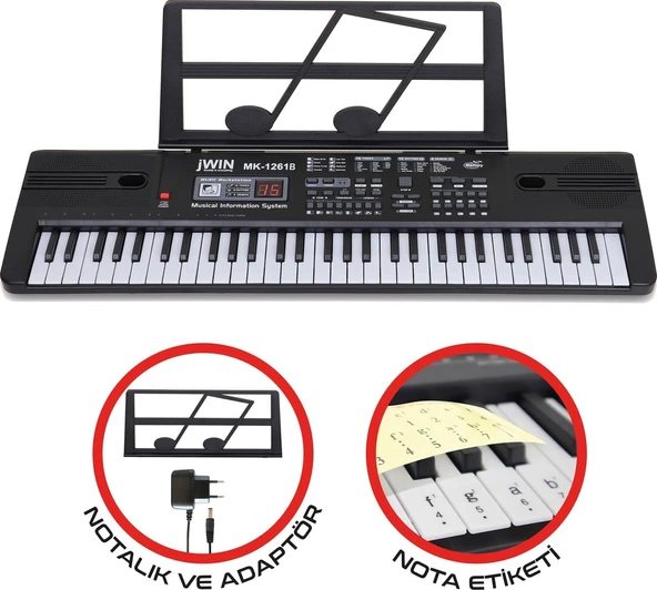 Jwin MK-1261B 61 Tuşlu Elektronik Org (Notalık Hediye, Nota Etiket Hediye, Adaptör Hediye) ürün görseli 1