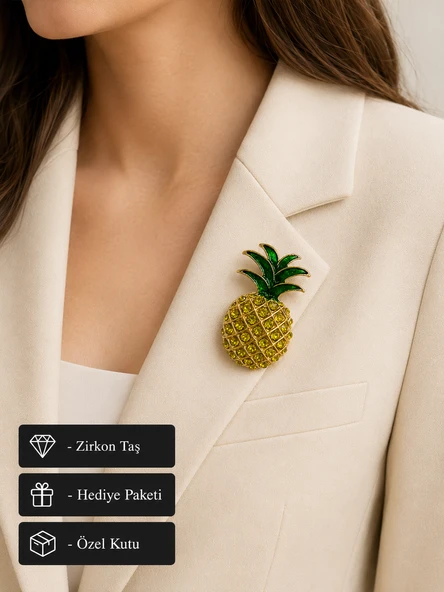 Zümrüt Yapraklı Kristal Ananas Kadın Broşu – Tropikal Şıklık ve Zarafet ürün görseli 1