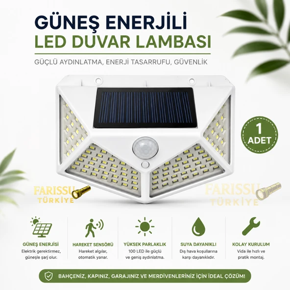 100 LED Solar Hareket Sensörlü Dış Mekan Bahçe Lambası 1 Adet ürün görseli 1