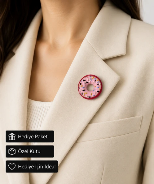Pembe Donut Tasarımlı El Yapımı Kadın Broşu – Sevimli Tatlı Temalı Moda ürün görseli 1