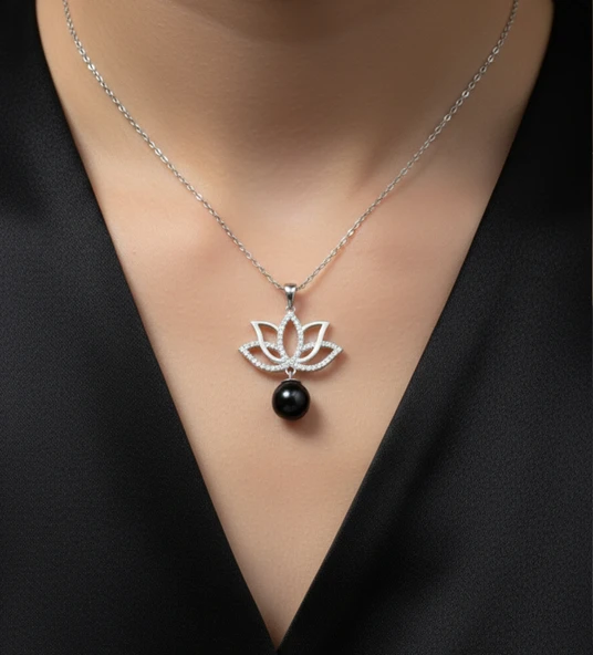 Oltu taşlı gümüş lotus çiçeği kolye ürün görseli 1