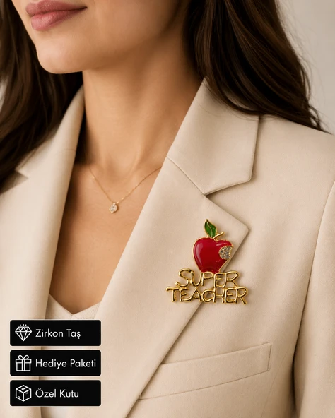 Öğretmenlere Özel Elmalı “Super Teacher” Kristal Taşlı Broş Rozet ürün görseli 1