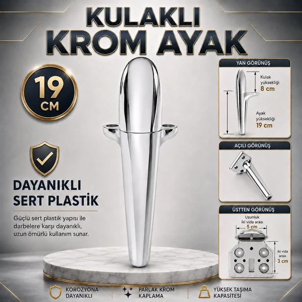 Alesta Kulaklı Krom Kaplama Plastik Sehpa Ayağı 19 cm Mobilya Kanepe Koltuk Ayağı Ayak ürün görseli 1