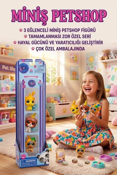 Miniş Petshop 3'lü Özel Seri Figür Seti - Koleksiyonluk Sevimli Miniş Hayvan Figürleri ürün görseli 1