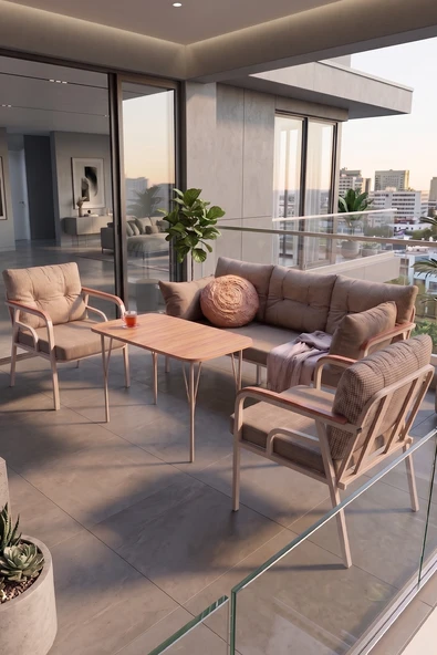 Ekon Serisi 1. Sınf 3+1+1 ve 1 Adet Orta Sehpa 2 Yastıklı Cappucino İskeletli Bahçe Balkon Oturma Koltuk Takımı ürün görseli 1