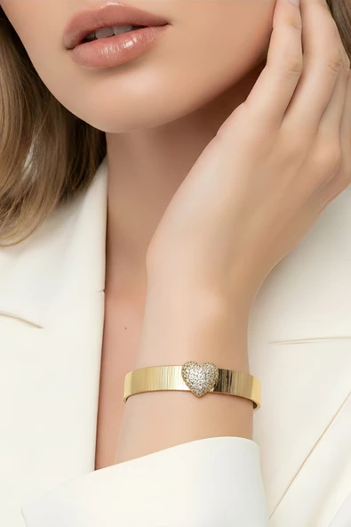 Taşlı Kalp Hasır Model Choker Stil Narin Kelepçe Bileklik ürün görseli 1