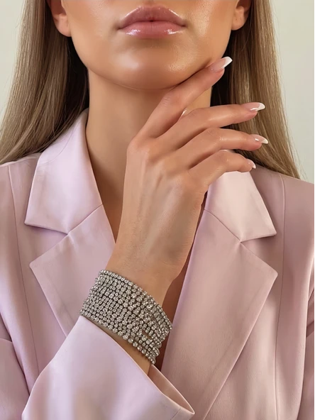 Çoklu Döküm Su Yolu Rhinestone Gümüş Renk Kristal Bileklik ürün görseli 1