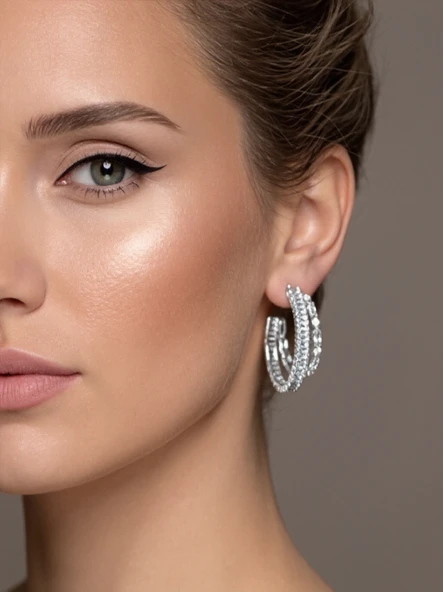 İkili Yarım Halka Model Zirkon Taşlı Antialerjik VİP Halka Silver Renk Küpe Antialerjik ürün görseli 1