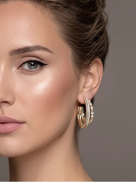 İkili Yarım Halka Model Zirkon Taşlı Antialerjik VİP Halka Gold Renk Küpe Antialerjik ürün görseli 1