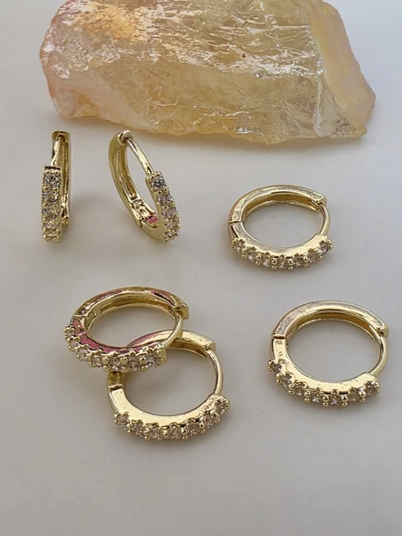 6'lı Zirkon Taşlı Gold Renk Küpe Seti 1cm ürün görseli 1