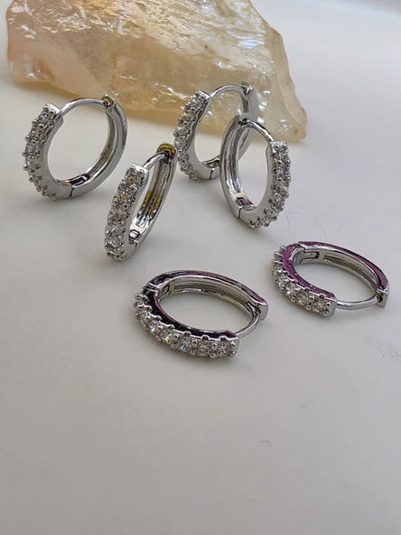 6'lı Zirkon Taşlı Gümüş Silver Renk Küpe Seti 1cm ürün görseli 1