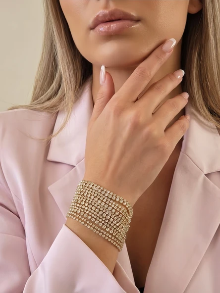 Çoklu Döküm Su Yolu Rhinestone Gold Renk Kristal Bileklik ürün görseli 1