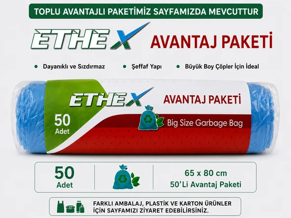 ETHEX 65x80 cm  500 Adet AVANTAJ PAKETİ Büyük Boy Çöp Torbası 50 Litre Kapasiteli Çöp Poşeti ürün görseli 1