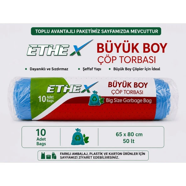 ETHEX 65x80 cm Büyük Boy Çöp Torbası 50 Litre Kapasiteli 10 Adet Çöp Poşeti ürün görseli 1