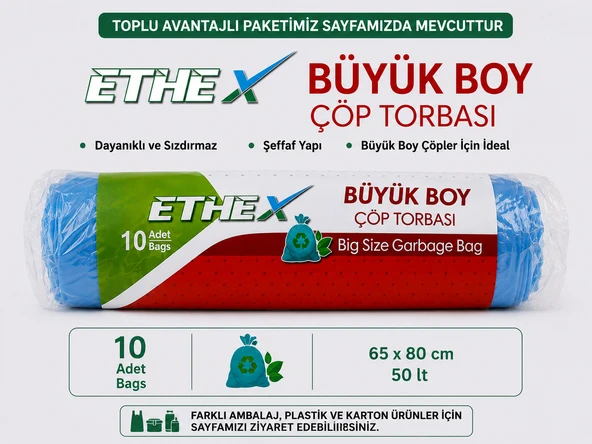 ETHEX 65x80 cm Büyük Boy Çöp Torbası 50 Litre Kapasiteli 10 Adet Çöp Poşeti ürün görseli 1