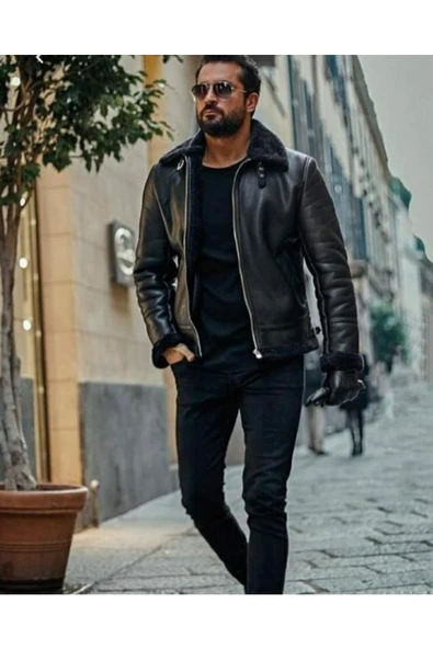 Hakiki Deri Kürk Yaka Siyah Erkek Deri Mont Yandan Cepli Deri Ceket ürün görseli 1