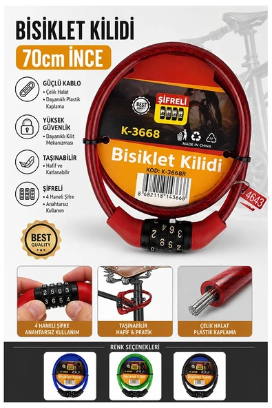 Kırmızı Şifreli Bisiklet Kilidi 70 cm İnce 1 Adet K-3668 Çelik Halat Plastik Kaplamalı Bisiklet Kiliti Scooter Kapı Şifreli ürün görseli 1