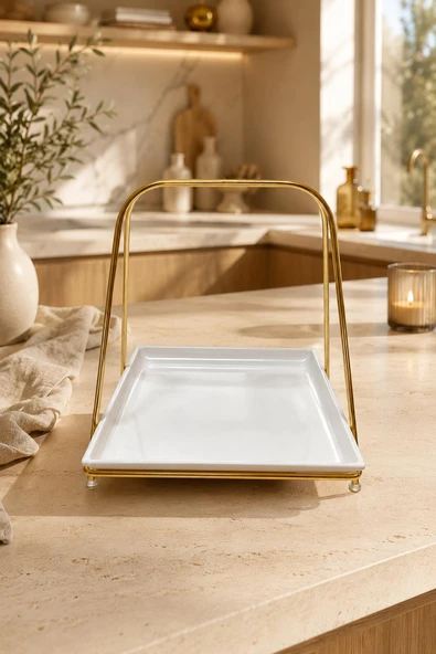 Gold Metal Standlı Melamin Servis Tepsisi Dekoratif Sunum Standı ürün görseli 1