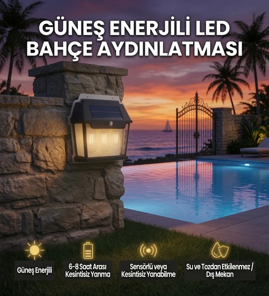 Güneş Enerjili Sensörlü LED Bahçe Duvar Apliği – 3 Ampullü Solar Dış Mekan Aydınlatma – Suya Dayanıklı ürün görseli 1