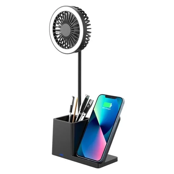 S-Link Sl-M9055 10 Watt Kablosuz Şarj İstasyonlu Fanlı Kalemlikli Masa Lambası (Siyah) ürün görseli 1
