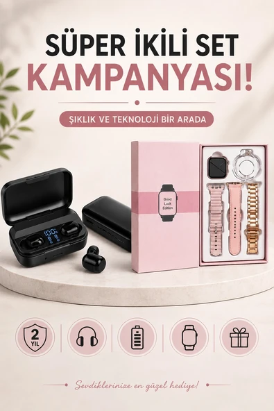 Wireless Şarjlı Pembe Akıllı Saat ve Kablosuz Bluetooth Kulaklık Dokunmatik Kontrol ürün görseli 1