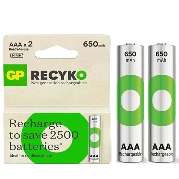 Gp Recyko 650 Mah R03 Aaa Şarjlı 2'Li İnce Kalem Pil ürün görseli 1