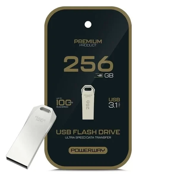 Powerway Premium 256 Gb 100Mb/S Ultra Hızlı Usb 3.1 Metal Silver Flash Bellek ürün görseli 1