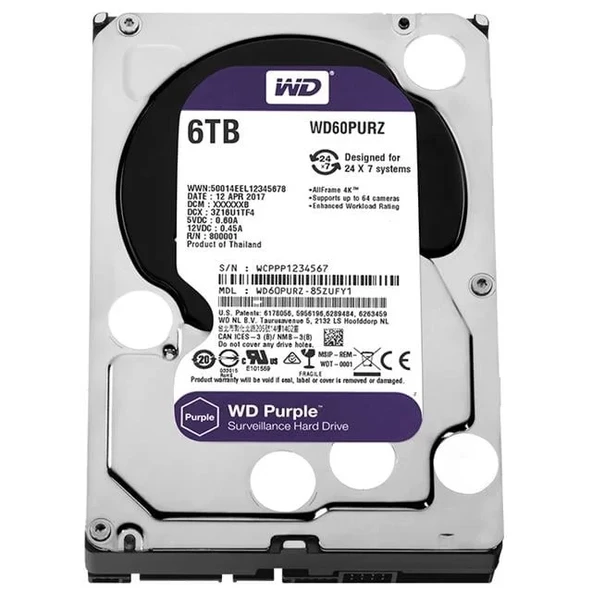 Western Digital Wd60Purz 6 Tb Sata6 64Mb 7-24 Purple Harddisk ürün görseli 1