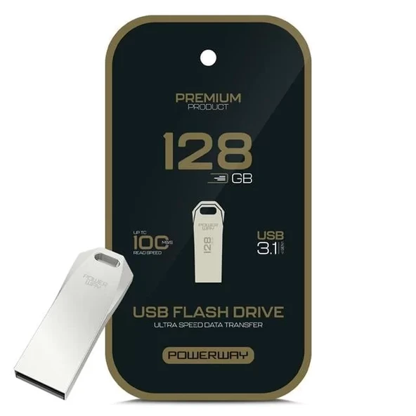 Powerway Premium 128 Gb 100Mb/S Ultra Hızlı Usb 3.1 Metal Silver Flash Bellek ürün görseli 1