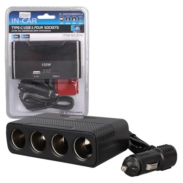 Olesson 2014 12-24V Type-C + Usb-A Girişli 120W 80Cm Kablolu 4'Lü Araç Çakmak Çoklayıcı ürün görseli 1