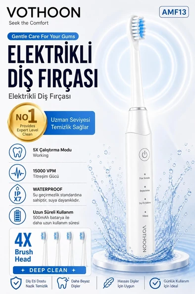Şarjlı Diş Fırçası 15000 Vpm Titreşim Gücü, 500mah Batarya, 5 Temizlik Modu Beyaz ürün görseli 1