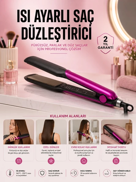 Saç Düzleştirici Isı Ayarlı Seramik Kaplama Döner Kablo Yıpranma Karşıtı ürün görseli 1