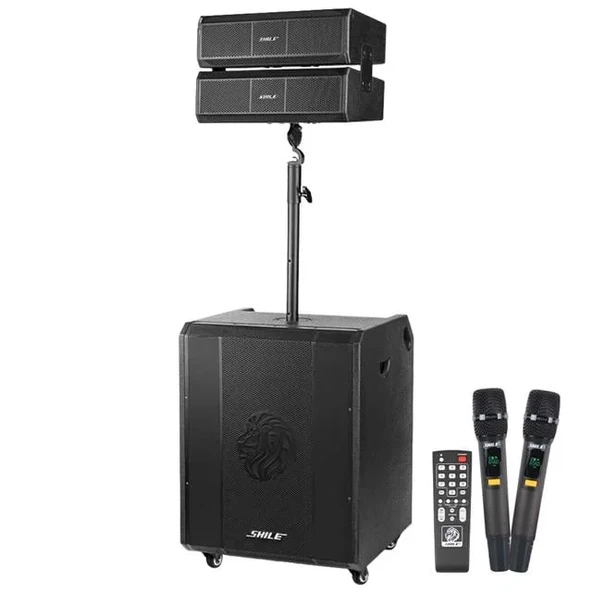 Shile Sl-9 400W Aktif Kule Ses Sistemi 2 Adet Kablosuz Mikrofonlu Tekerlekli Mdf Kasa Bluetooth/Tws/Dsp Destekli Pa Seti ürün görseli 1