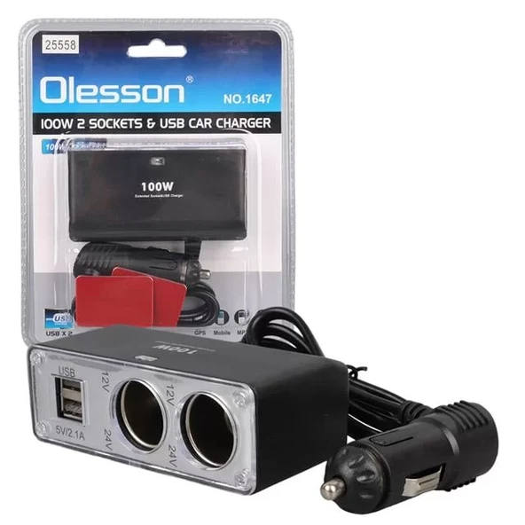 Olesson 1647 12-24V Çift Usb Girişli 100W 70Cm Kablolu 2'Li Araç Çakmak Çoklayıcı ürün görseli 1