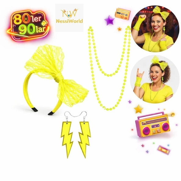 80’ler 90’lar Neon Sarı Parti Seti – Kolye Küpe Taç ürün görseli 1