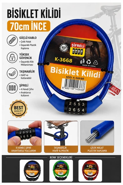 Mavi Şifreli Bisiklet Kilidi 70 cm İnce 1 Adet K-3668 Çelik Halat Plastik Kaplamalı Bisiklet Kiliti Scooter Kapı Şifreli ürün görseli 1