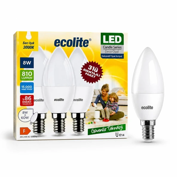 Ecolite 8W LED Mum Ampul 3’lü Paket E14 Duy 3000K Sarı Işık 810 Lümen 60W Eşdeğer Dekoratif Opal Ampul Enerji Tasarruflu ürün görseli 1