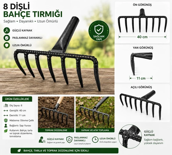 8 Dişli, El Yapımı Çelik Tırmık, 40 Cm Evladiyelik Çelik El Yapımı Bahçe Tırmığı (Sap Hariçtir.) ürün görseli 1