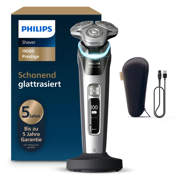 Philips Shaver i9000 Prestige, Erkekler için Elektrikli Islak ve Kuru Tıraş Makinesi, Entegre Düzeltici, Koyu Gri Gümüş, Basınç Sensörü, Şarj İstasyonu ve Seyahat Çantası (Model XP9204/10) ürün görseli 1